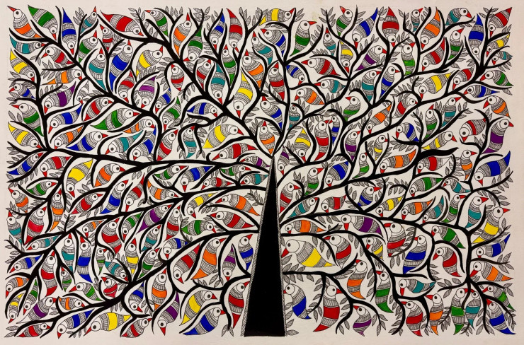 Madhubani Tree Of Life (ART-2399-115829) - Handpainted Art Painting - 20in X 13in