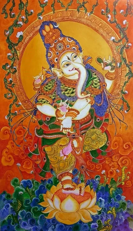 Dancing Ganesha (ART-17306-115894) - Handpainted Art Painting - 42in X 75in