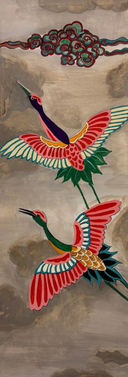 Flight Of Harmony- Cranes (ART-2399-115833) - Handpainted Art Painting - 8in X 20in