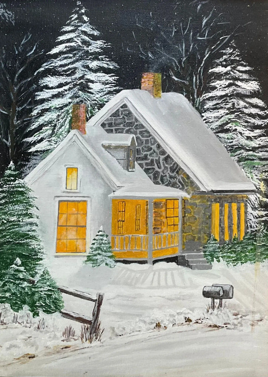 Moonlit Cabin – A Cozy House Glowing Under Soft Moonlight In Snow. (ART-15981-115956) - Handpainted Art Painting - 12in X 17in