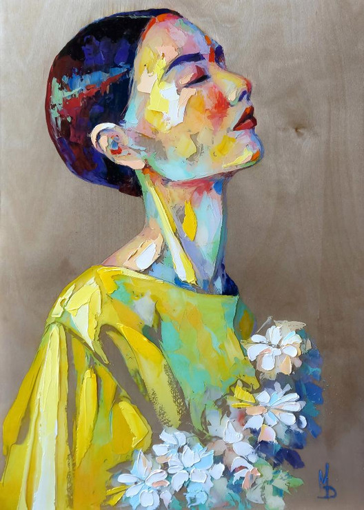 Abstract Lady Painting With White Flowers (PRT_15994) - Canvas Art Print - 30in X 42in