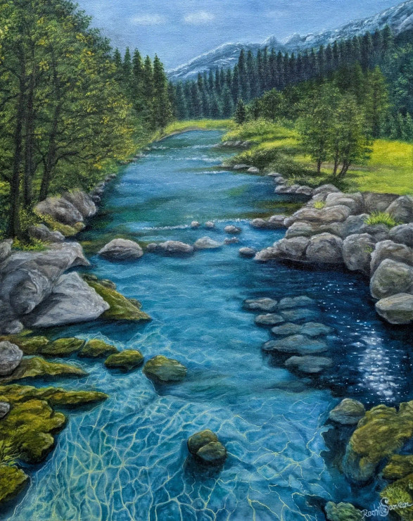 Serene Mountain River Landscape (ART-17713-115969) - Handpainted Art Painting - 24in X 31in
