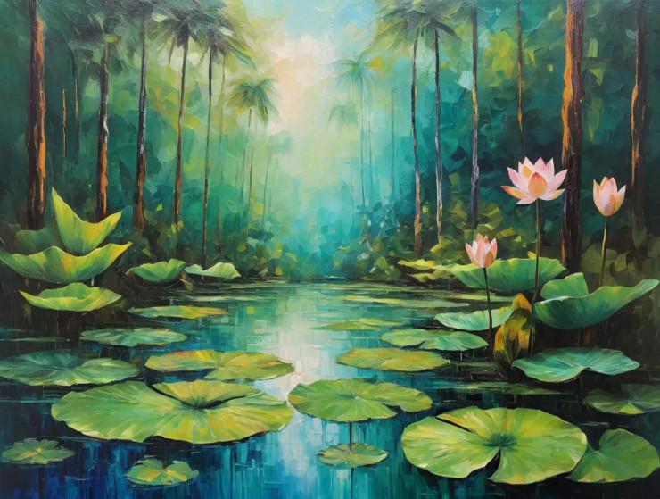Dense Forest With Lotus In Pond (ART-3319-115599) - Handpainted Art Painting - 36in X 24in