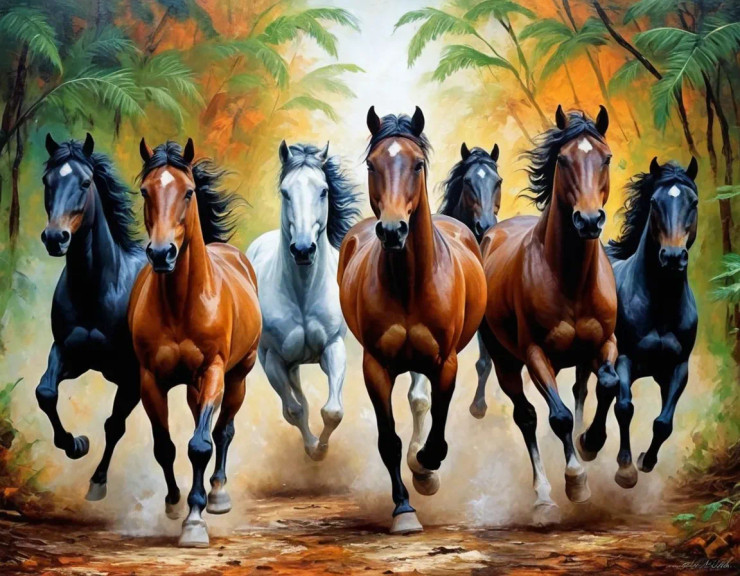 7 Running Horses Painting Vastu (ART-3319-116081) - Handpainted Art Painting - 36in X 24in
