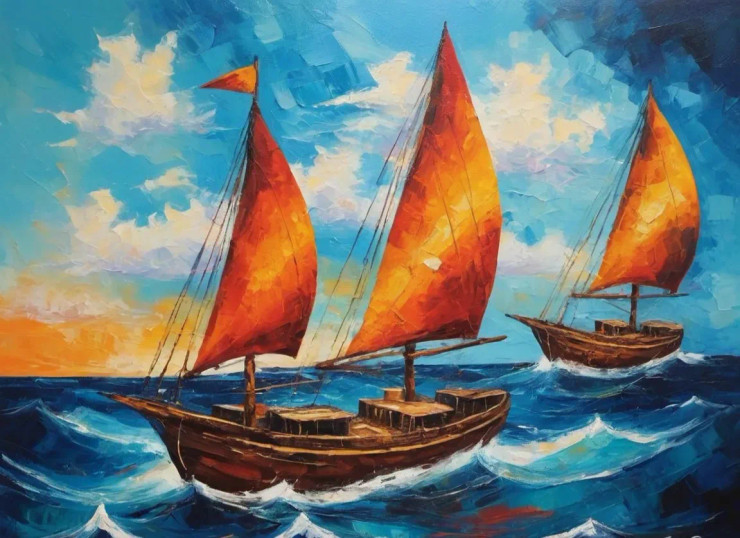 Ships Sailing In A Ocean Seascape Painting (ART-3319-116083) - Handpainted Art Painting - 36in X 24in