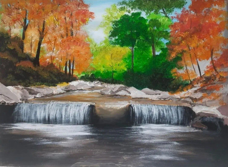 Autumn Cascade (ART-17746-116165) - Handpainted Art Painting - 16in X 12in