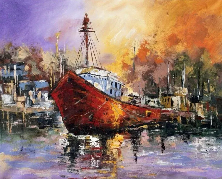 Abstract Red Boat Painting | Original Handmade Contemporary Wall Art (ART-16885-116264) - Handpainted Art Painting - 48in X 36in