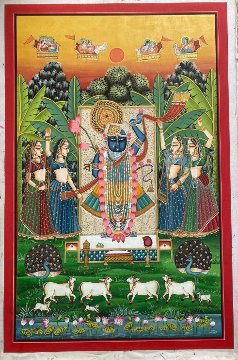 Handmade Pichwai Painting 2#3 Traditional Art (ART-8266-116309) - Handpainted Art Painting - 24in X 36in