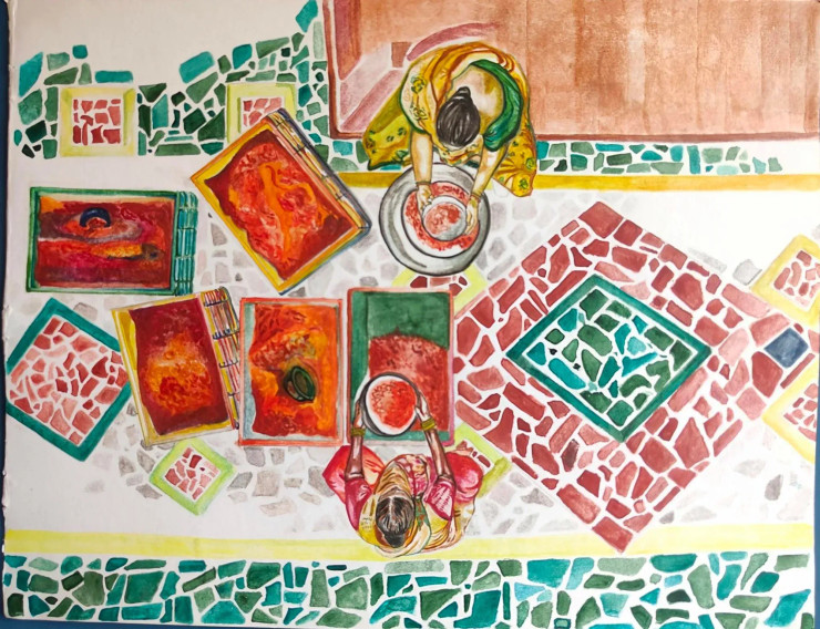 Amma's Spice Story (ART-17742-116313) - Handpainted Art Painting - 13in X 11in