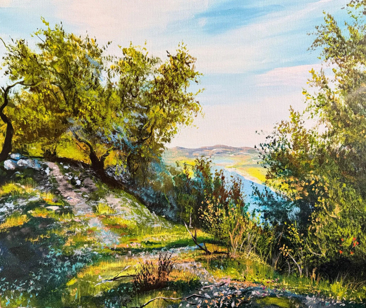 Sunlit Path By The Riverside (ART-7615-116276) - Handpainted Art Painting - 16in X 16in