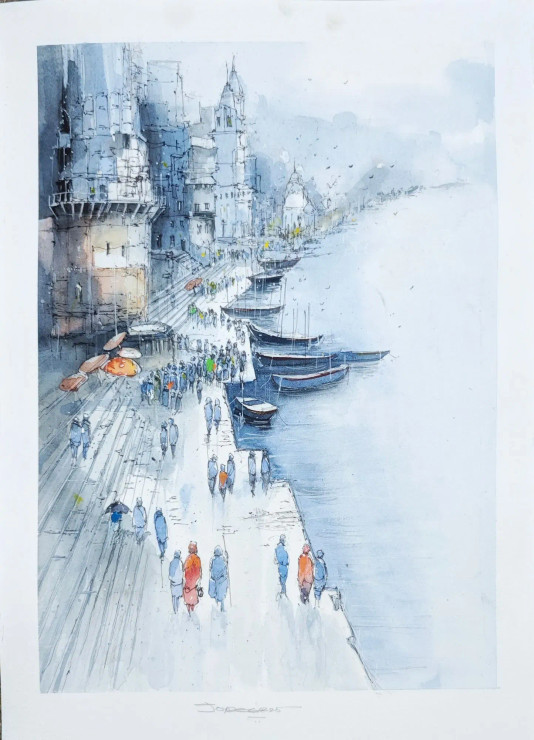 Benaras Ki Chaal (ART-8658-115639) - Handpainted Art Painting - 11in X 17in