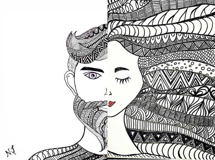 Man And Woman In Mandala (PRT-17633-116341) - Canvas Art Print - 24in X 18in