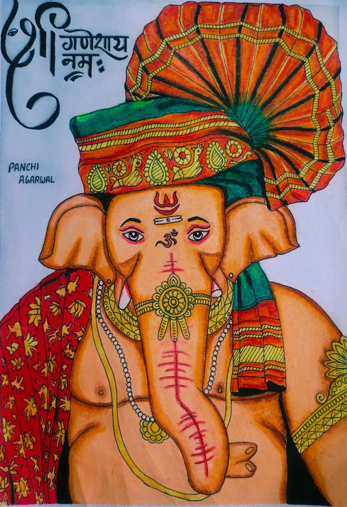 Ganesh Ji Colourful Art By Oil Pastels (ART-17760-116387) - Handpainted Art Painting - 12in X 17in