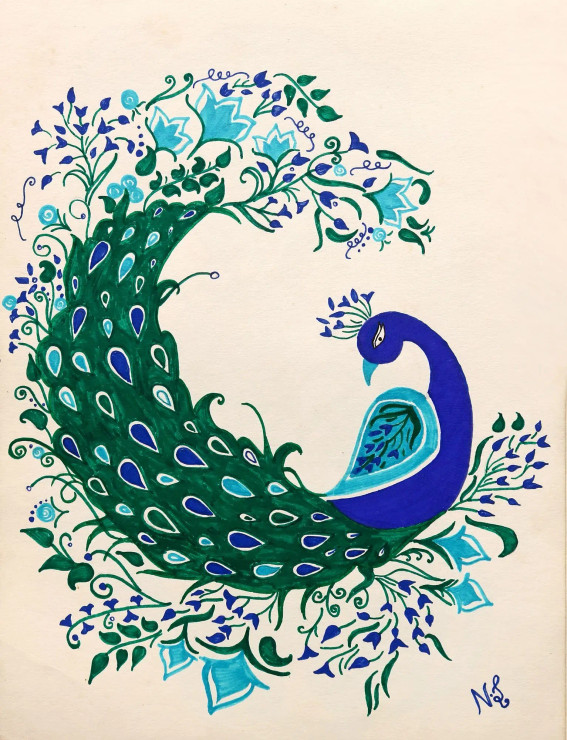 Graceful Peacock Handmade Art (PRT-17633-116345) - Canvas Art Print - 14in X 18in