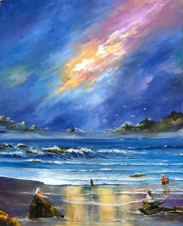 Sunset Reflections By The Shore (ART-17757-116405) - Handpainted Art Painting - 24in X 30in