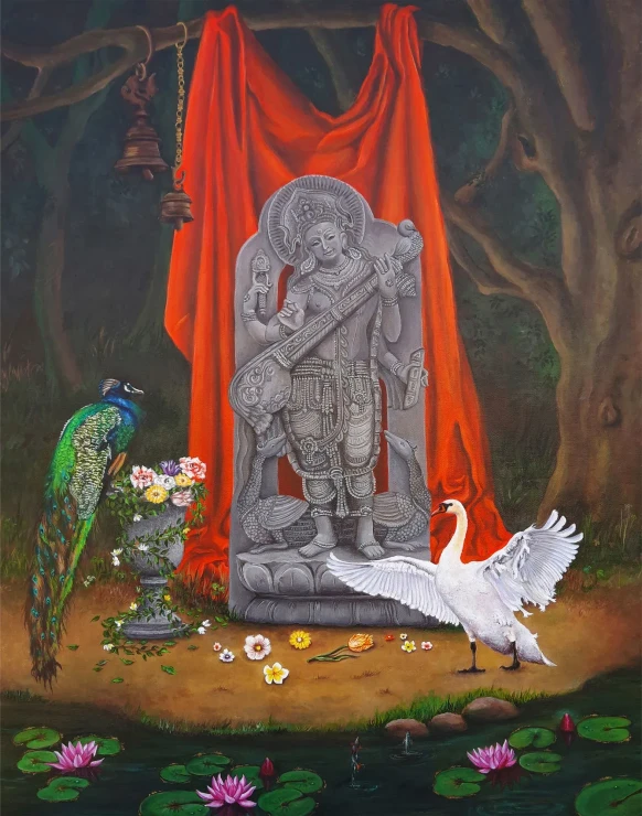 Sacred Harmony – Goddess Saraswati In Nature’s Embrace (ART-8857-116490) - Handpainted Art Painting - 22in X 28in