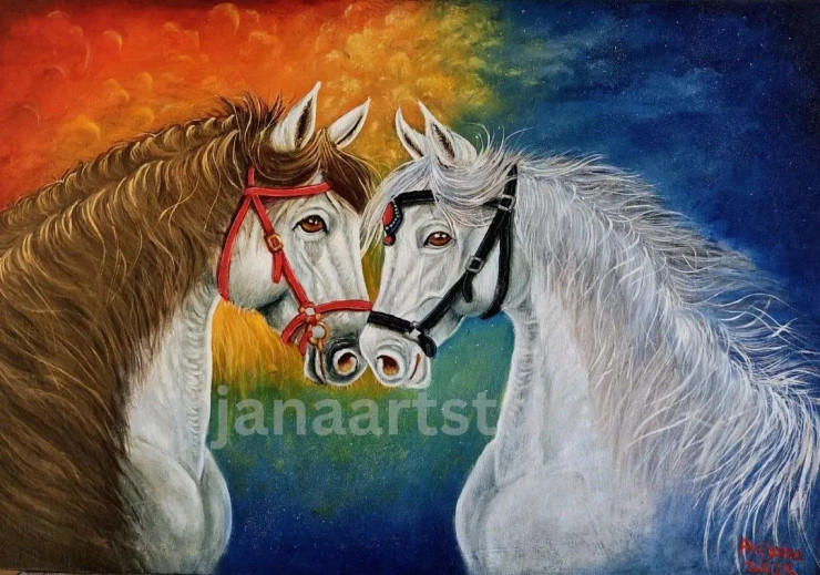 Priceless Friendships White Horse Oil Painting (PRT-8067-116507) - Canvas Art Print - 24in X 17in