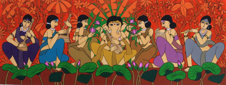 Riddhi Siddhi Ganesha (ART-3324-116601) - Handpainted Art Painting - 58in X 22in