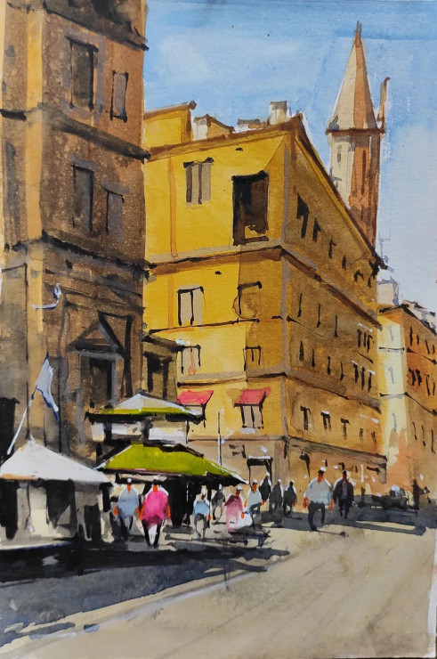 Yellow Building (ART-7901-116673) - Handpainted Art Painting - 8in X 10in