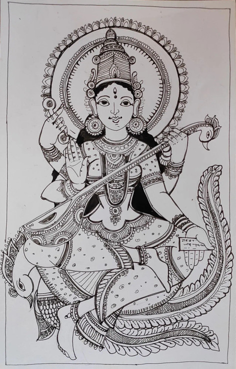 Devi Saraswati (ART-7901-116737) - Handpainted Art Painting - 8in X 11in