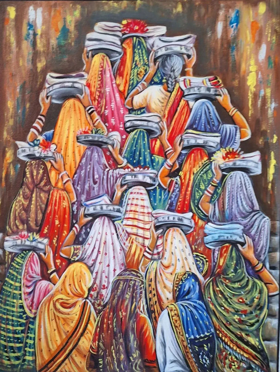 Rajasthani Women Painting, Lady Painting (ART-7555-116566) - Handpainted Art Painting - 18in X 24in