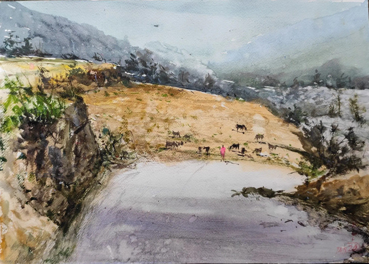 Landscape (ART-7901-116641) - Handpainted Art Painting - 16in X 12in