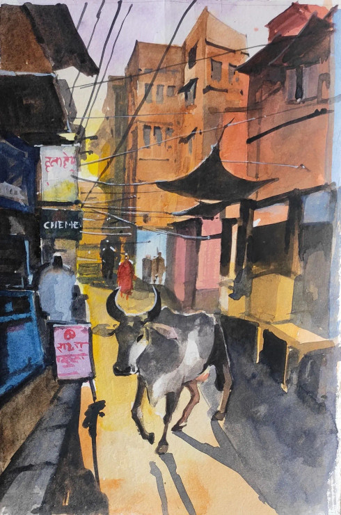 City (ART-7901-116680) - Handpainted Art Painting - 8in X 10in