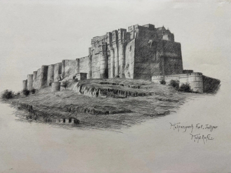 Mehrangarh Fort, Jodhpur – Realistic Pencil Sketch (ART-15644-116745) - Handpainted Art Painting - 16in X 12in