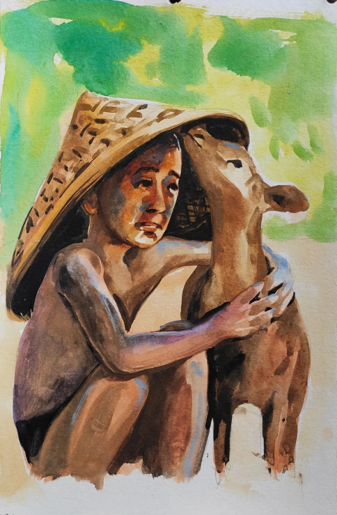 Boy With Deer (ART-7901-116712) - Handpainted Art Painting - 8in X 10in