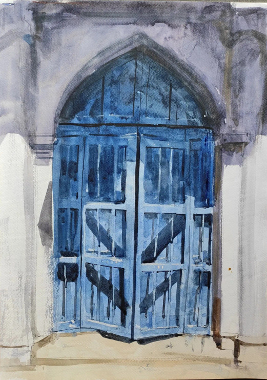 The Blue Door (ART-7901-116615) - Handpainted Art Painting - 12in X 16in