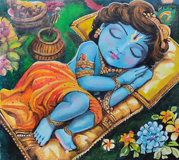 Sleeping Gopal (ART-7901-116786) - Handpainted Art Painting - 11in X 10in