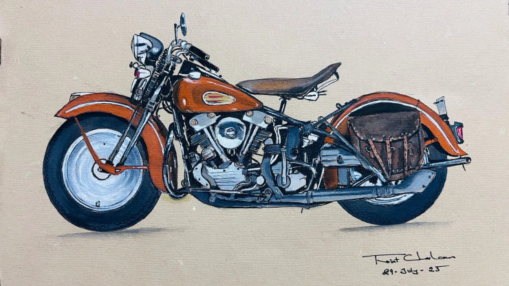 Red Harley Davidson Bike 1942 (ART-438-116781) - Handpainted Art Painting - 11in X 8in