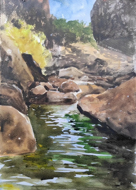 Waterfall River (ART-7901-116791) - Handpainted Art Painting - 8in X 12in