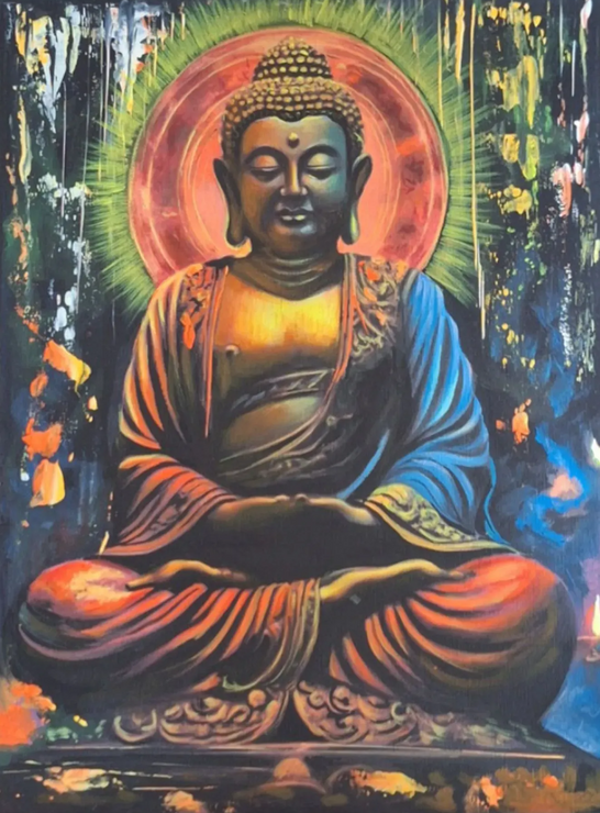 Buddha, Meditation, Serene, Statue, Halo, Colors, Spiritual, Peace, Focus, Tranquility (ART-7555-116571) - Handpainted Art Painting - 18in X 24in