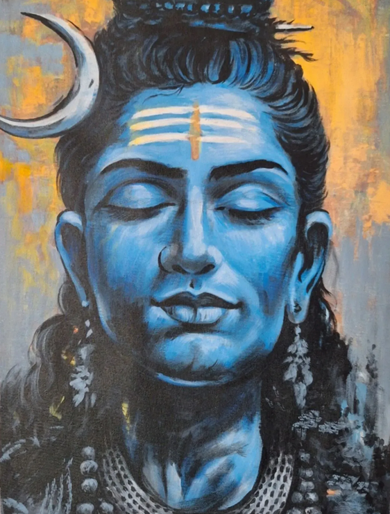 Shiva, Deity, Hindu, Blue, Serene, Spiritual, Vibrant, Portrait, Mythology, Meditation (ART-7555-116569) - Handpainted Art Painting - 18in X 24in