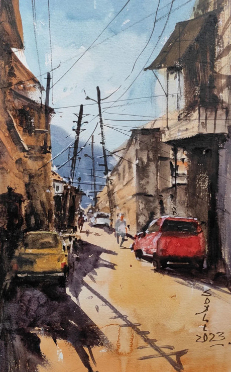 City Scape Afternoon (ART-7901-116767) - Handpainted Art Painting - 8in X 11in