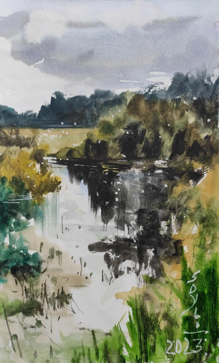 Green Landscape With River (ART-7901-116760) - Handpainted Art Painting - 8in X 10in
