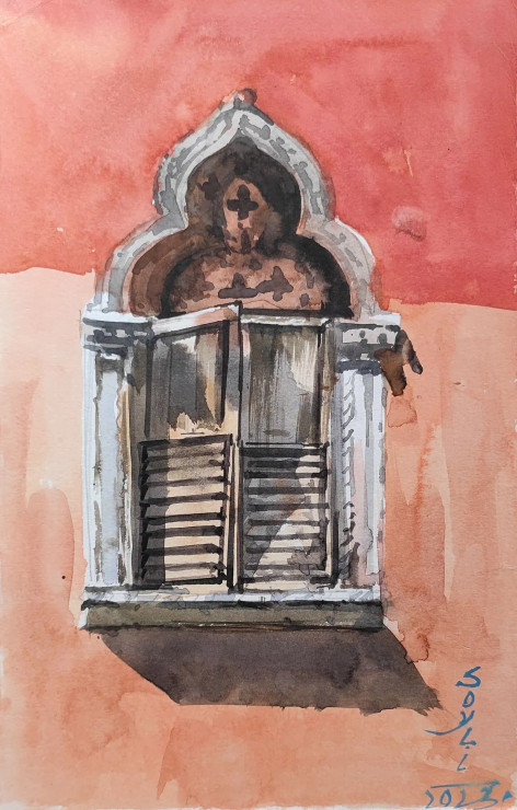 Rajasthani Window (ART-7901-116766) - Handpainted Art Painting - 8in X 11in