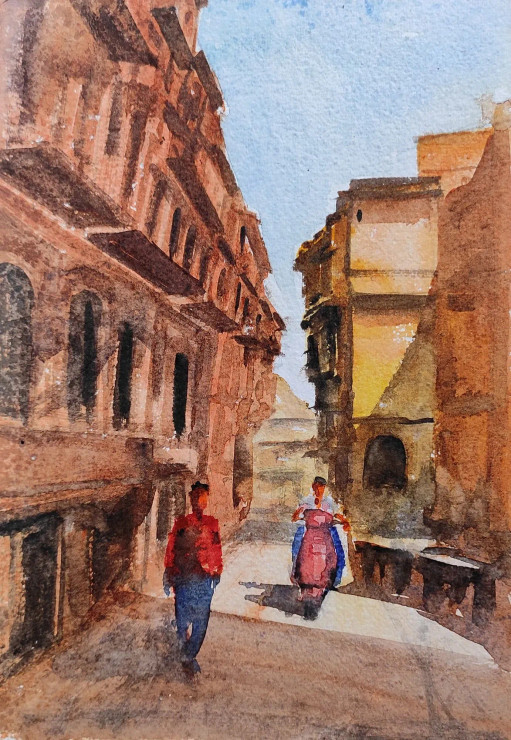Rajasthani City (ART-7901-116758) - Handpainted Art Painting - 8in X 11in