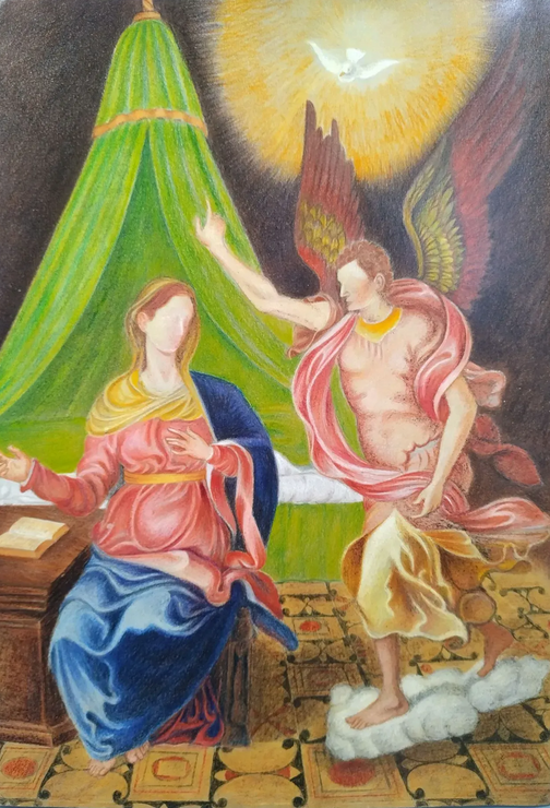 Annunciation Mother Marry And Sait (Recreated) (ART-8790-116577) - Handpainted Art Painting - 11in X 16in