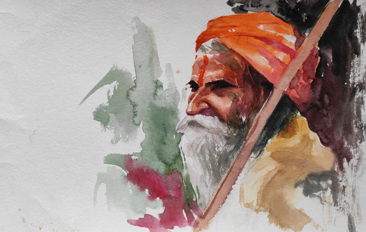 Sadhu (ART-7901-116762) - Handpainted Art Painting - 11in X 8in