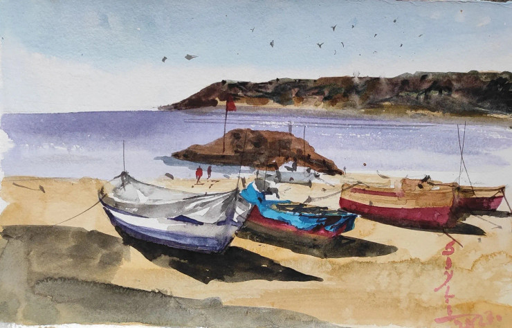 Sea Boat (ART-7901-116761) - Handpainted Art Painting - 11in X 8in