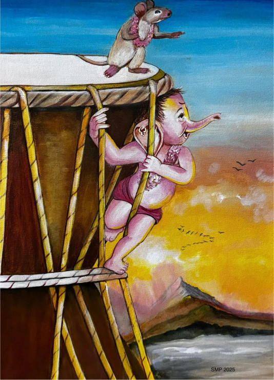 Ganesha At Kailash (ART-8370-116903) - Handpainted Art Painting - 10in X 15in