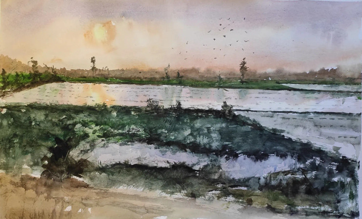 Sunset (ART-7901-116919) - Handpainted Art Painting - 22in X 14in