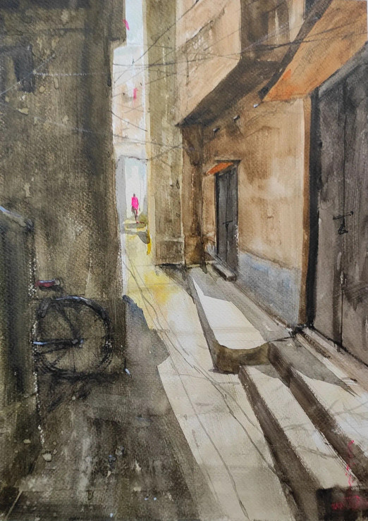 Narrow Lane (ART-7901-116637) - Handpainted Art Painting - 12in X 16in