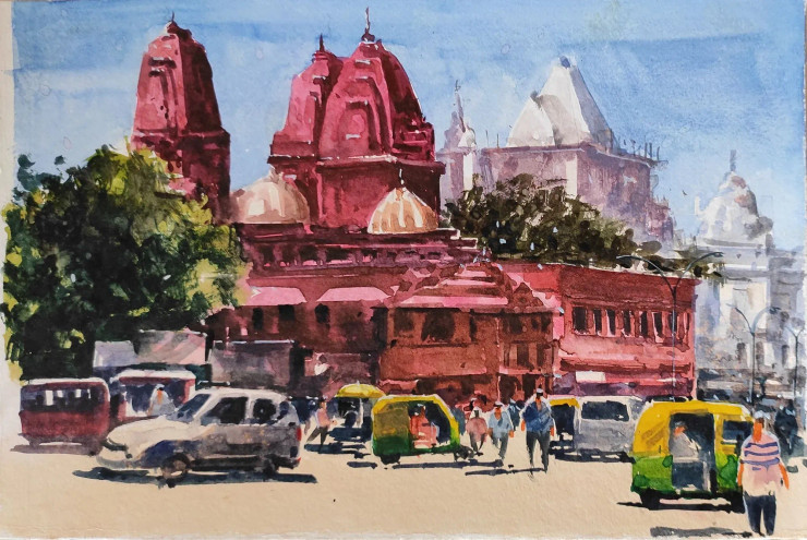 Temple In City (ART-7901-116724) - Handpainted Art Painting - 10in X 8in