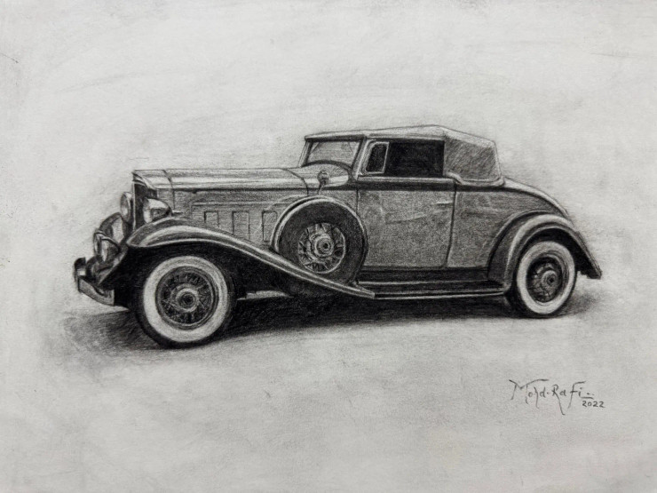 Vintage Elegance – Classic Car Pencil Drawing (ART-15644-116746) - Handpainted Art Painting - 16in X 12in