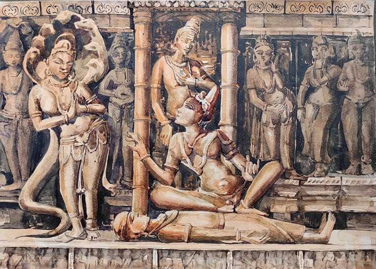 Manesha Mangal Thought Of Khajuraho (ART-7901-116625) - Handpainted Art Painting - 16in X 12in