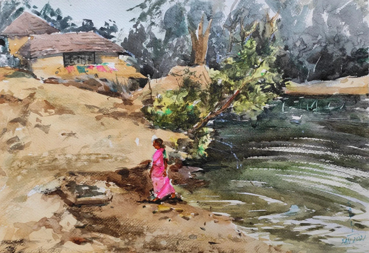 Village 3 (ART-7901-116634) - Handpainted Art Painting - 16in X 12in