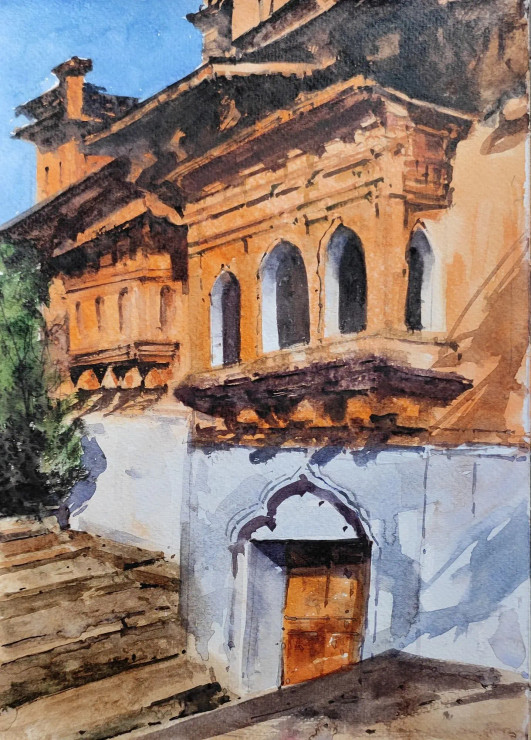 Rajasthani Building (ART-7901-116794) - Handpainted Art Painting - 8in X 12in